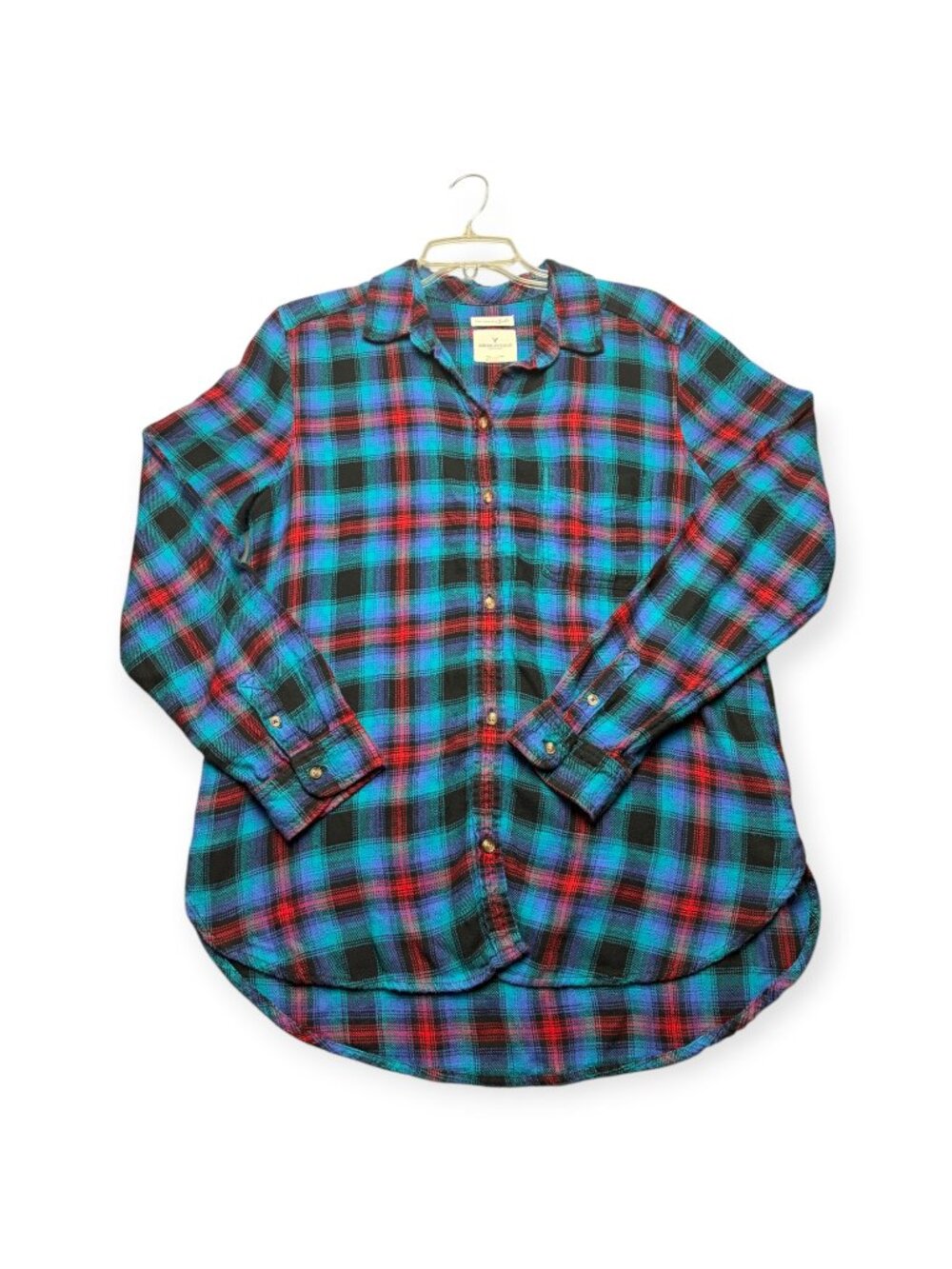 American Eagle Size L Boyfriend Fit Flannel Blue Red Oversized Soft Plaid Button